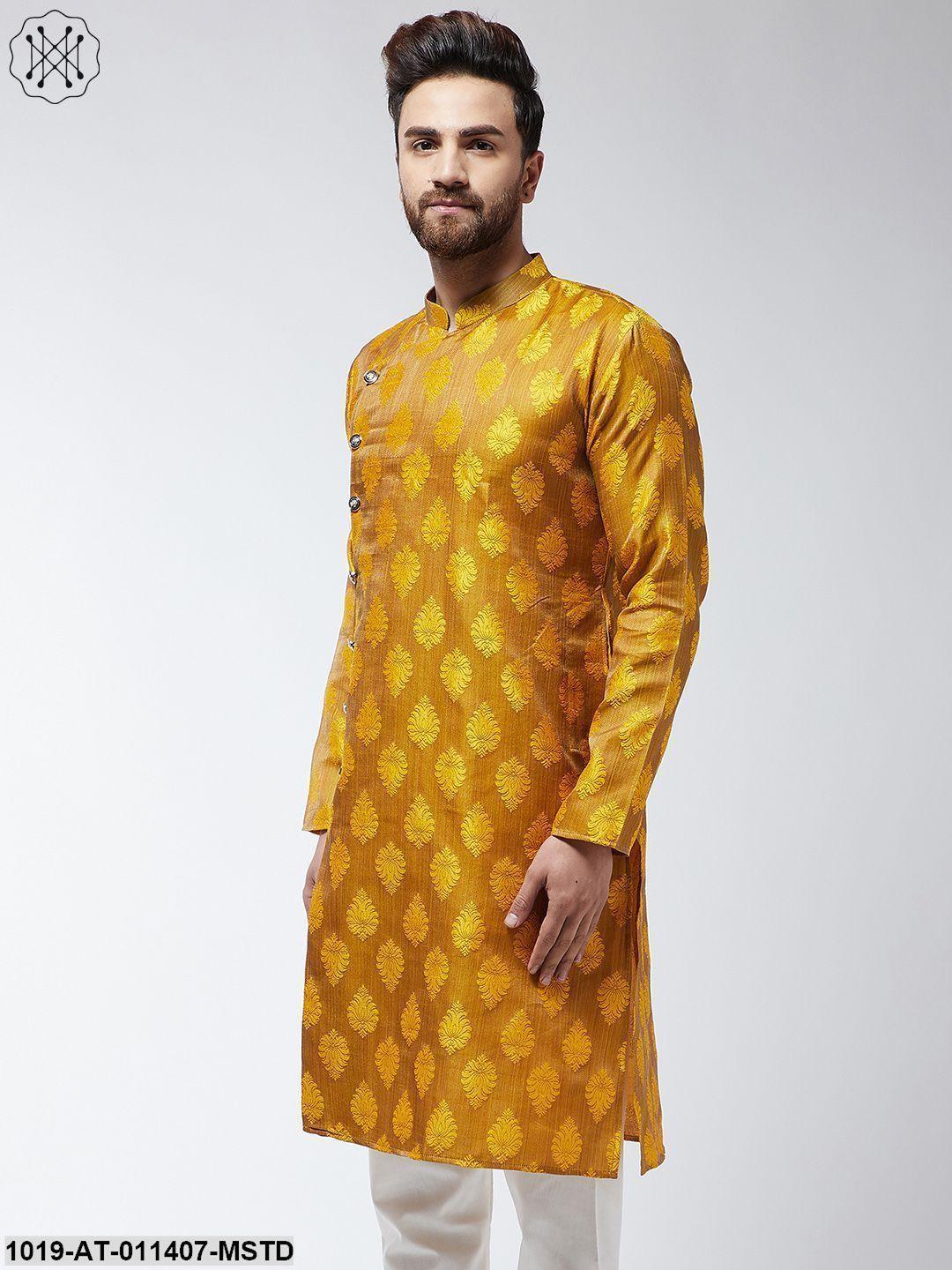 Men's Jacquard Silk Mustard Printed Only Long Kurta - Sojanya - Indiakreations