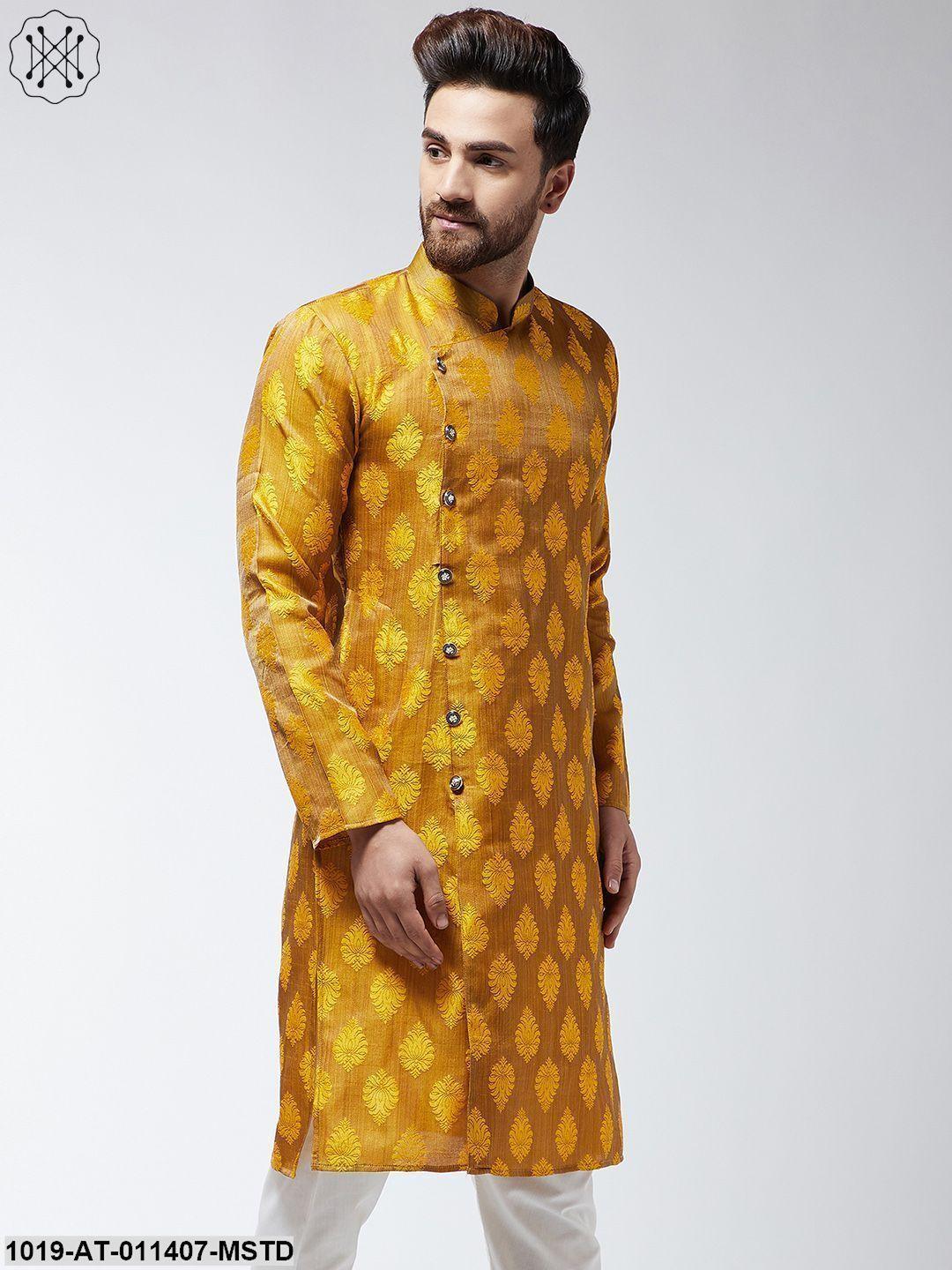 Men's Jacquard Silk Mustard Printed Only Long Kurta - Sojanya - Indiakreations