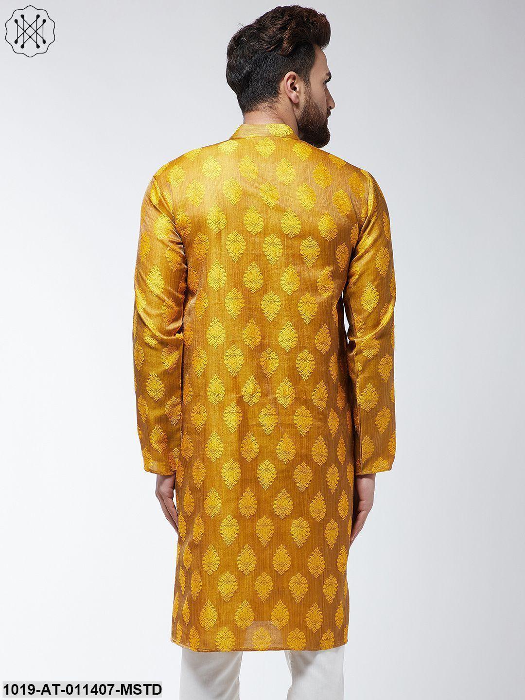 Men's Jacquard Silk Mustard Printed Only Long Kurta - Sojanya - Indiakreations