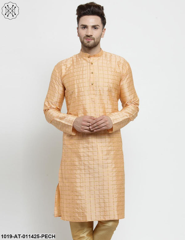 Men's Silk Blend Peach Checked Only Long Kurta - Sojanya - Indiakreations