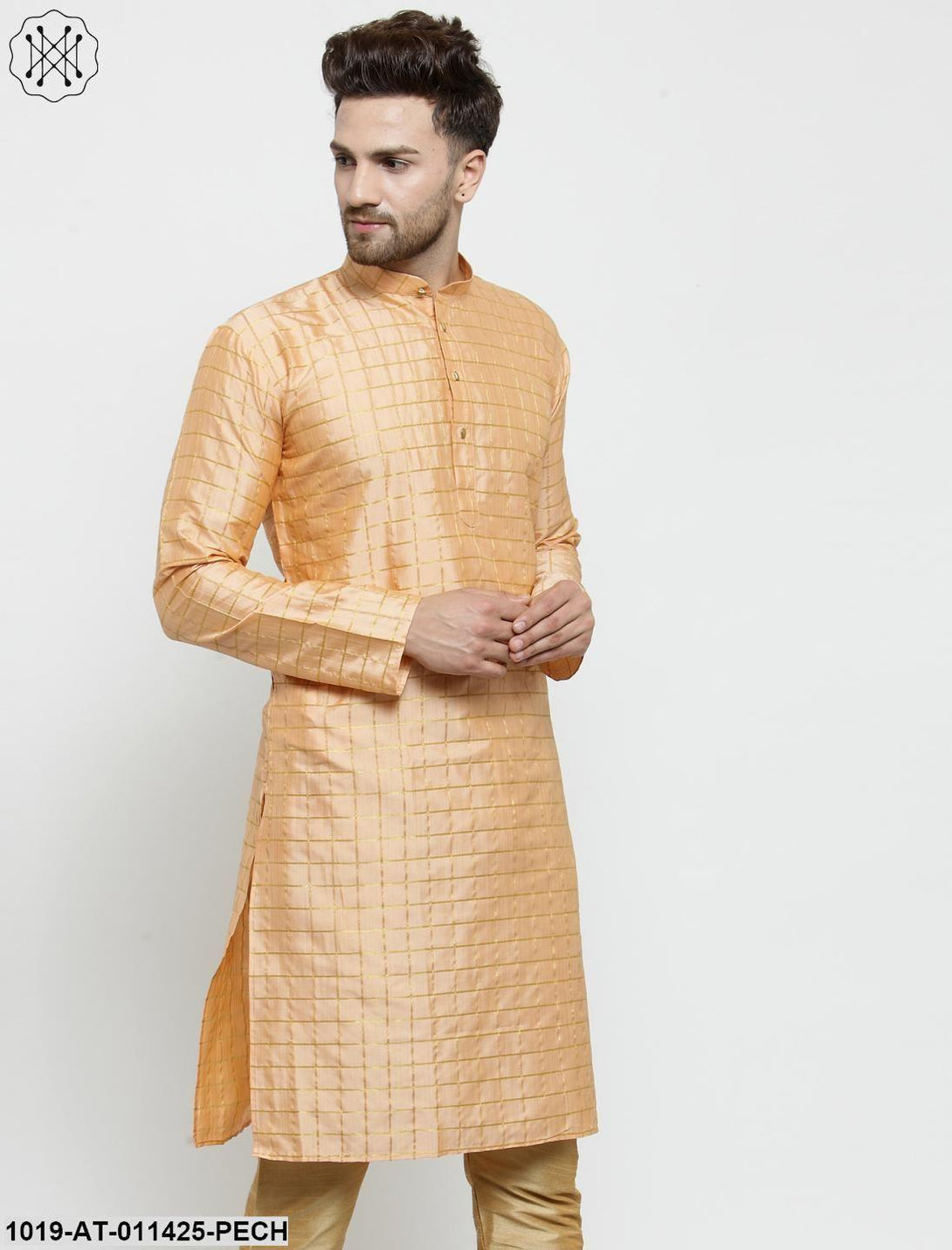 Men's Silk Blend Peach Checked Only Long Kurta - Sojanya - Indiakreations