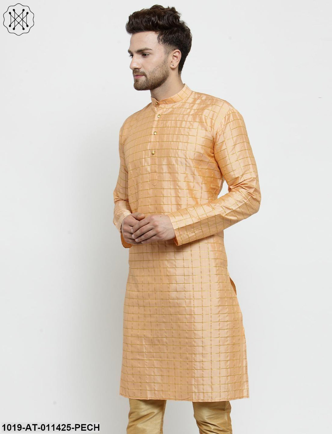 Men's Silk Blend Peach Checked Only Long Kurta - Sojanya - Indiakreations