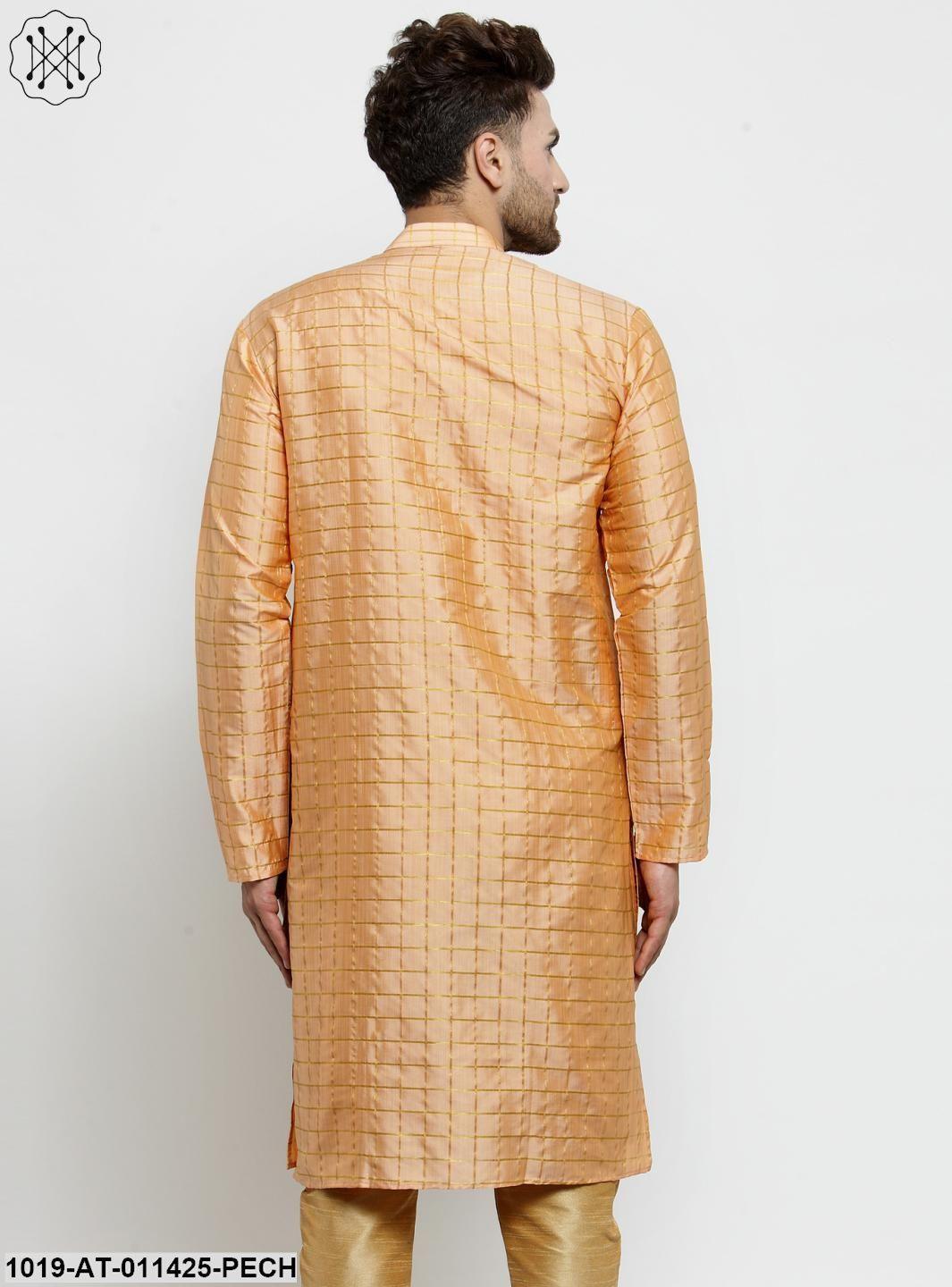 Men's Silk Blend Peach Checked Only Long Kurta - Sojanya - Indiakreations