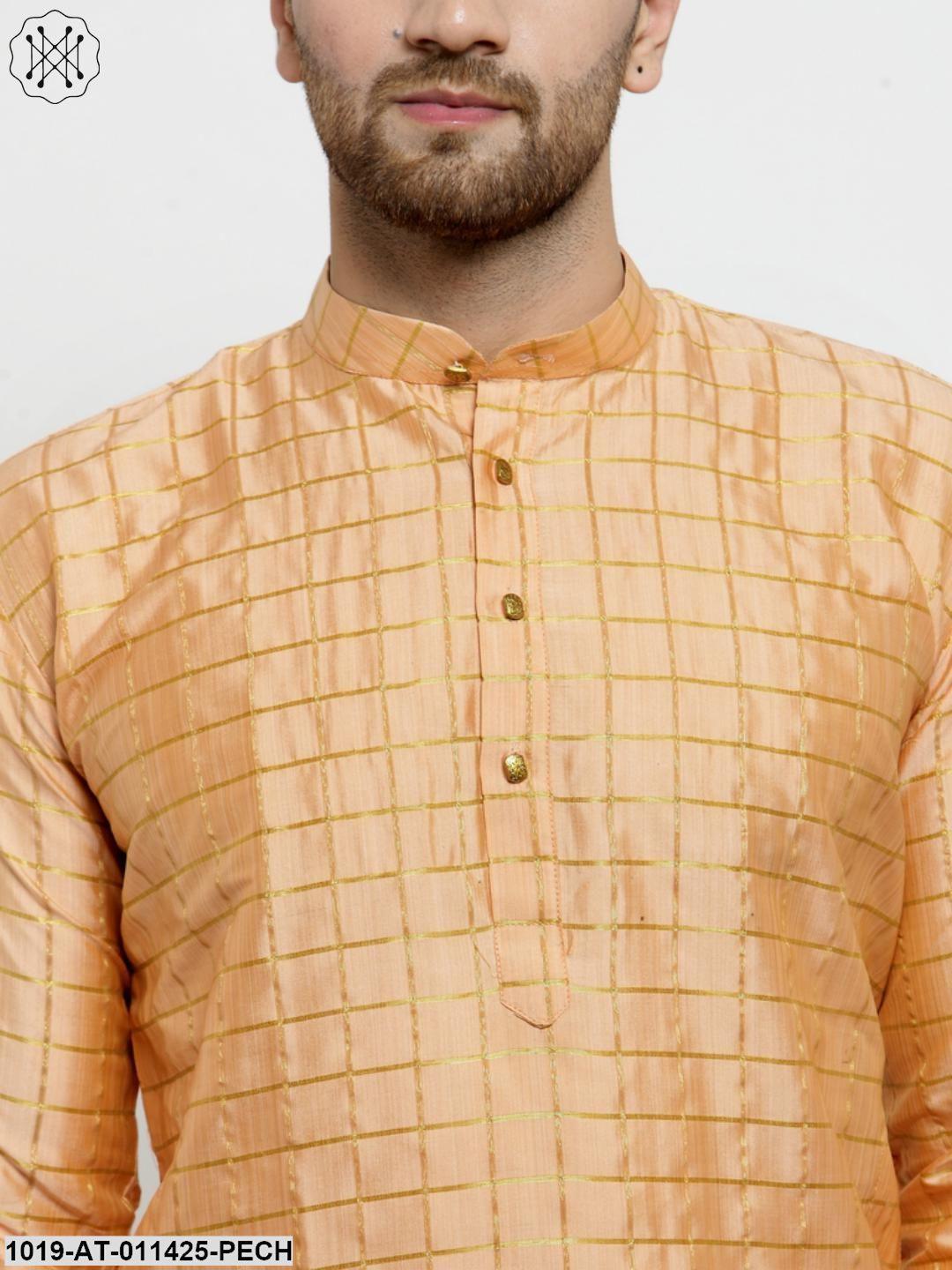 Men's Silk Blend Peach Checked Only Long Kurta - Sojanya - Indiakreations