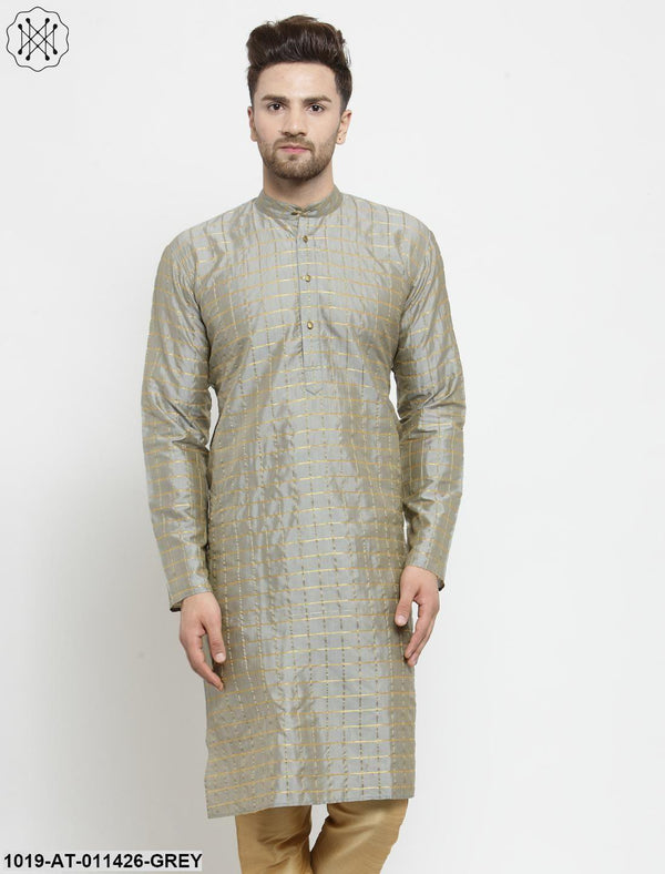 Men's Silk Blend Grey Checked Only Long Kurta - Sojanya - Indiakreations