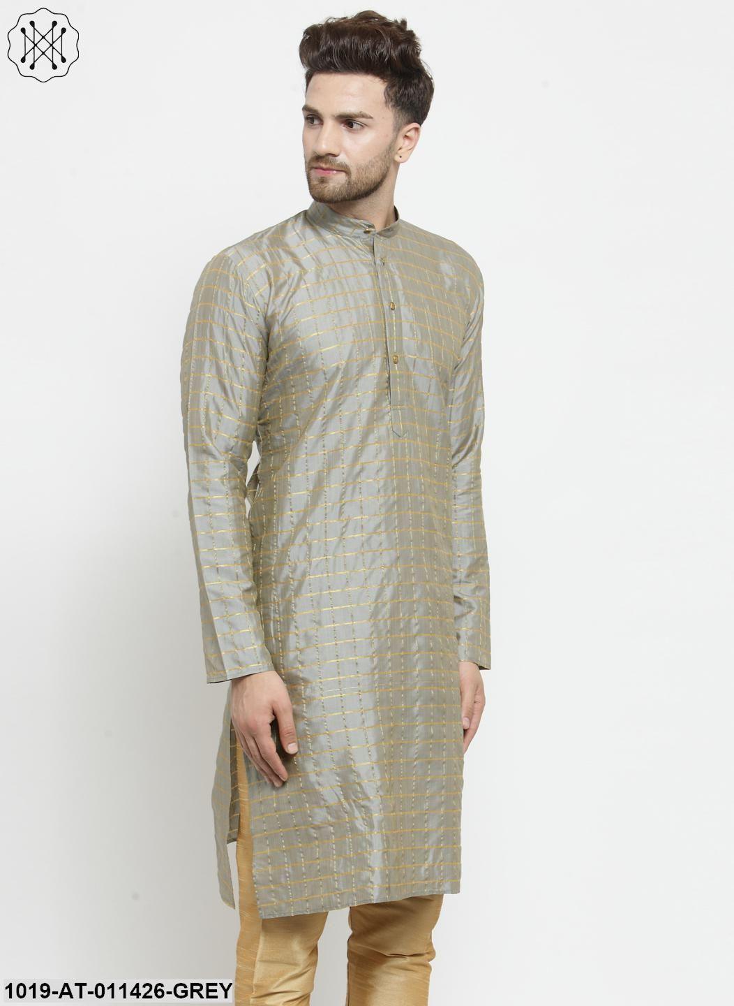 Men's Silk Blend Grey Checked Only Long Kurta - Sojanya - Indiakreations