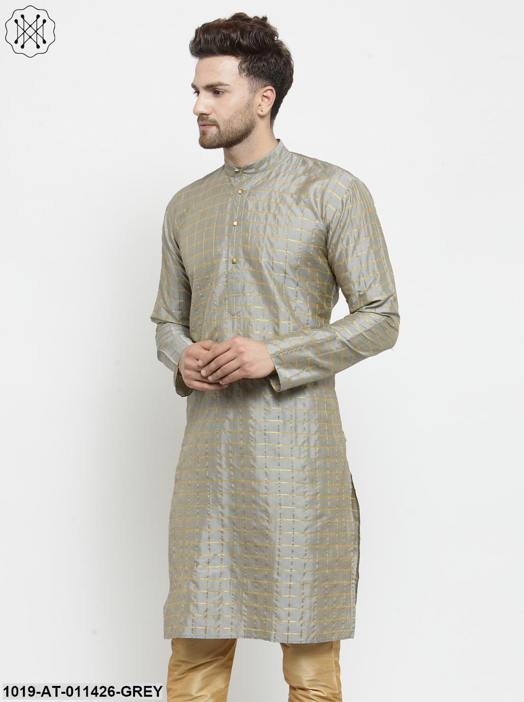 Men's Silk Blend Grey Checked Only Long Kurta - Sojanya - Indiakreations