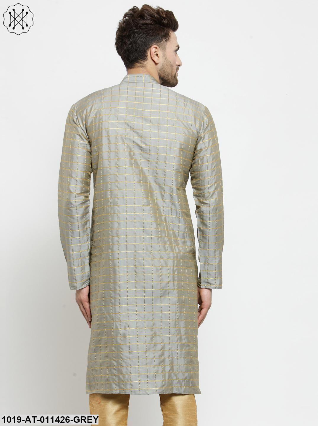 Men's Silk Blend Grey Checked Only Long Kurta - Sojanya - Indiakreations