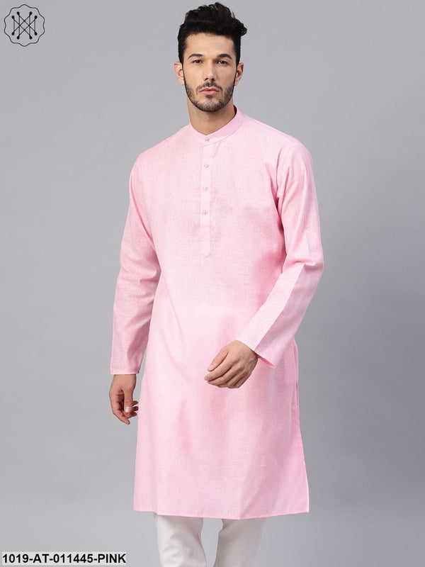 Men's Cotton Linen Blend Pink Solid Only Long Kurta - Sojanya