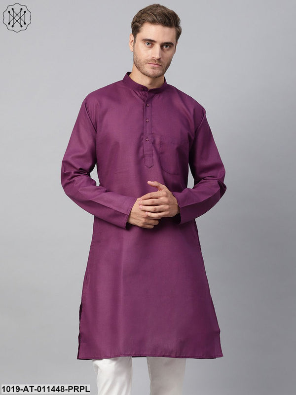 Men's Cotton Linen Blend Purple Solid Only Long Kurta - Sojanya