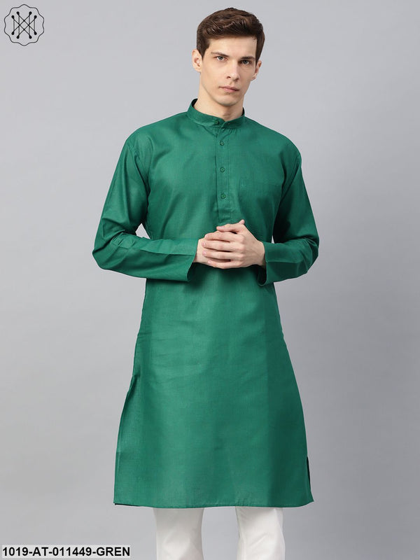 Men's Cotton Linen Blend Dark Green Solid Only Long Kurta - Sojanya