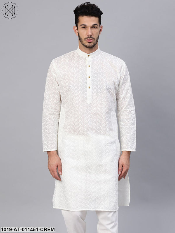 Men's 100% Cotton Cream Chicken Only Long Kurta - Sojanya