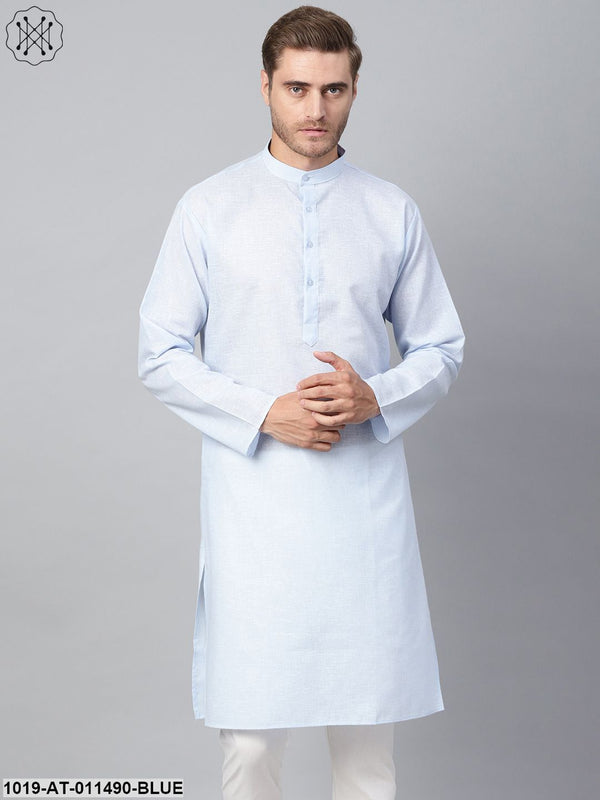 Men's Cotton Linen Blend Sky Blue Solid Only Long Kurta - Sojanya