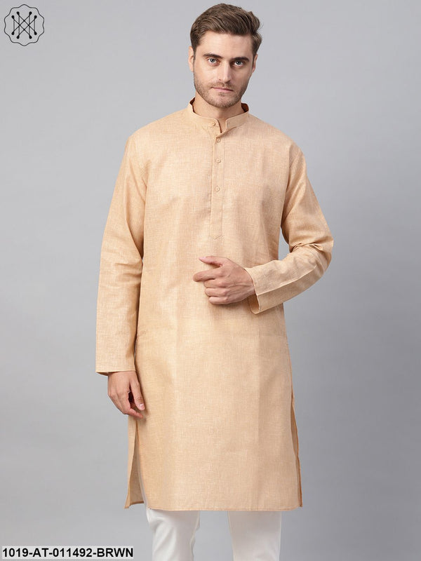 Men's Cotton Linen Blend Brown Solid Only Long Kurta - Sojanya