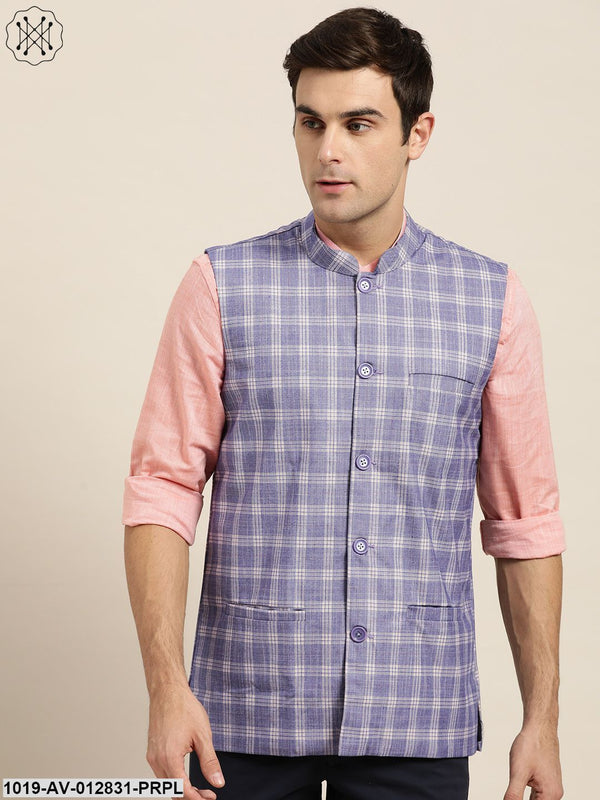 Men's Cotton Blend Purple & Yellow Checked Nehru Jacket - Sojanya