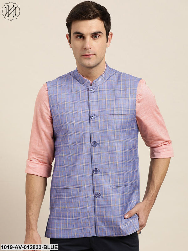 Men's Cotton Blend Blue & Yellow Checked Nehru Jacket - Sojanya