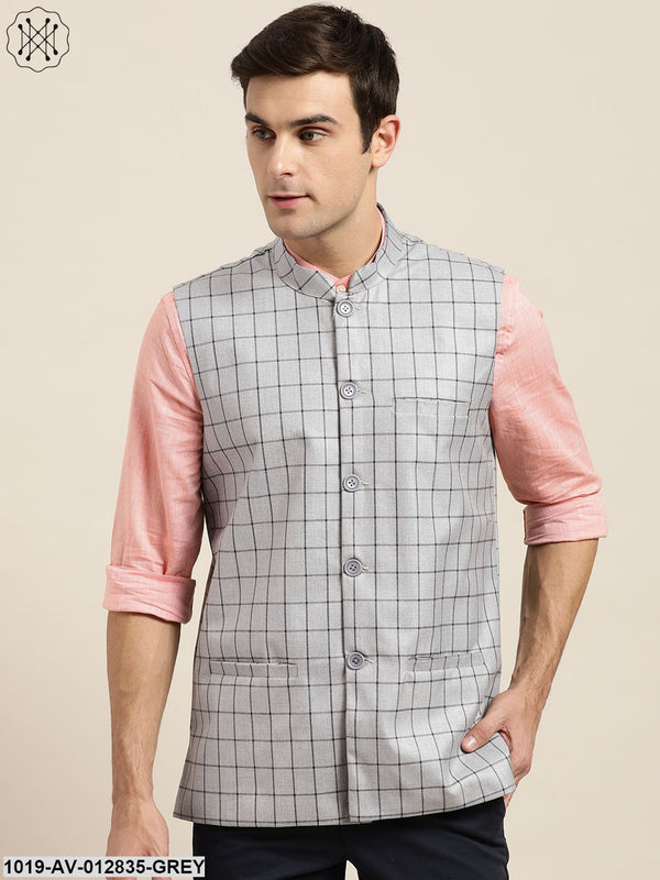 Men's Cotton Blend Grey & Navy Blue Checked Nehru Jacket - Sojanya