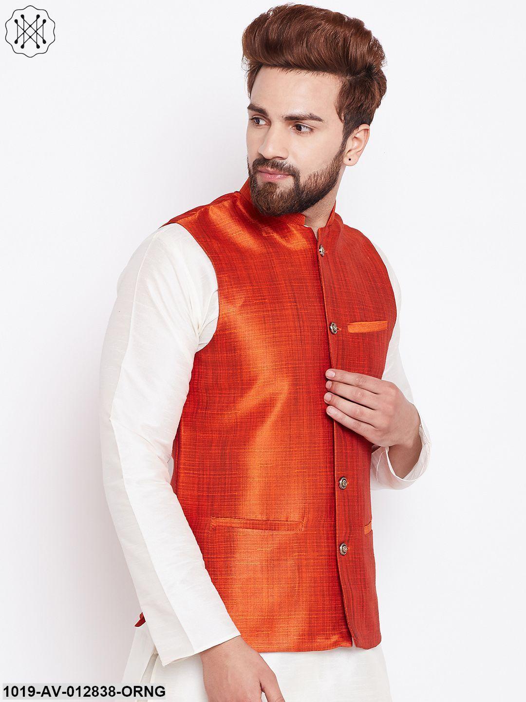 Men's Orange Nehru Jacket - Sojanya - Indiakreations