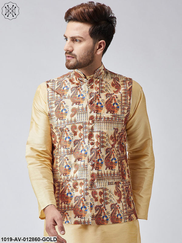 Men's Gold Printed Nehru Jacket - Sojanya