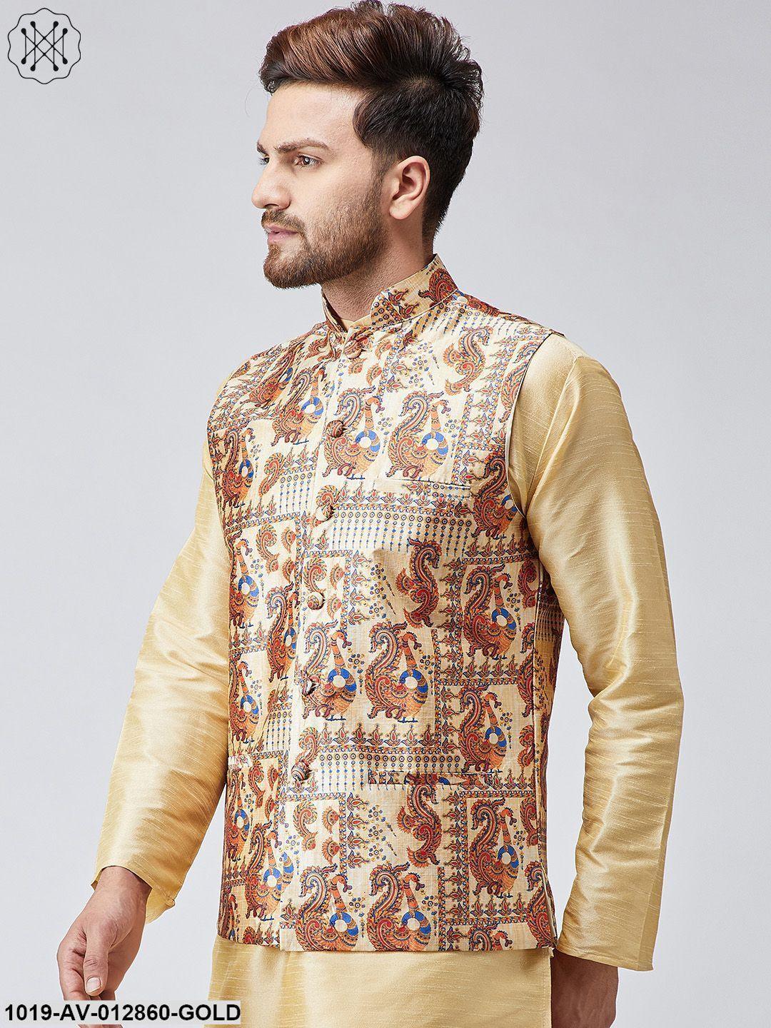 Men's Gold Printed Nehru Jacket - Sojanya - Indiakreations