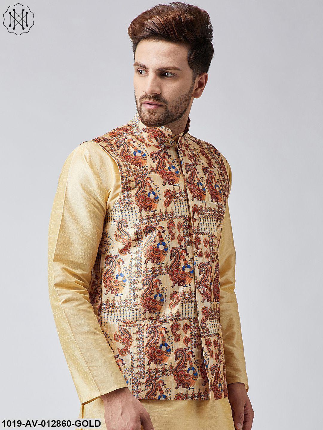 Men's Gold Printed Nehru Jacket - Sojanya - Indiakreations