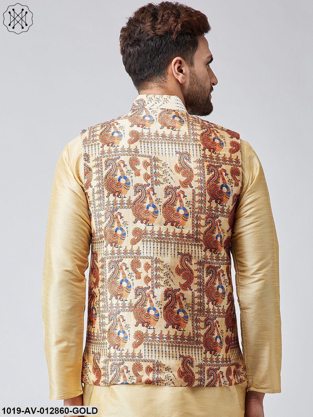 Men's Gold Printed Nehru Jacket - Sojanya - Indiakreations