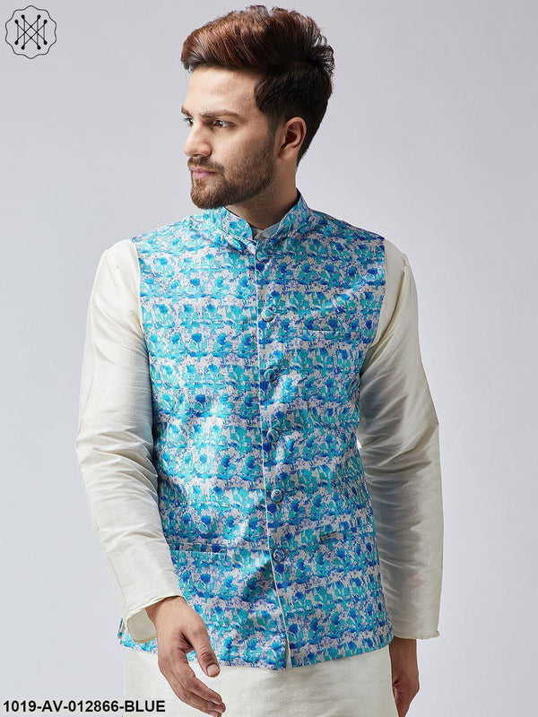 Men's Sky Blue Printed Nehru Jacket - Sojanya - Indiakreations