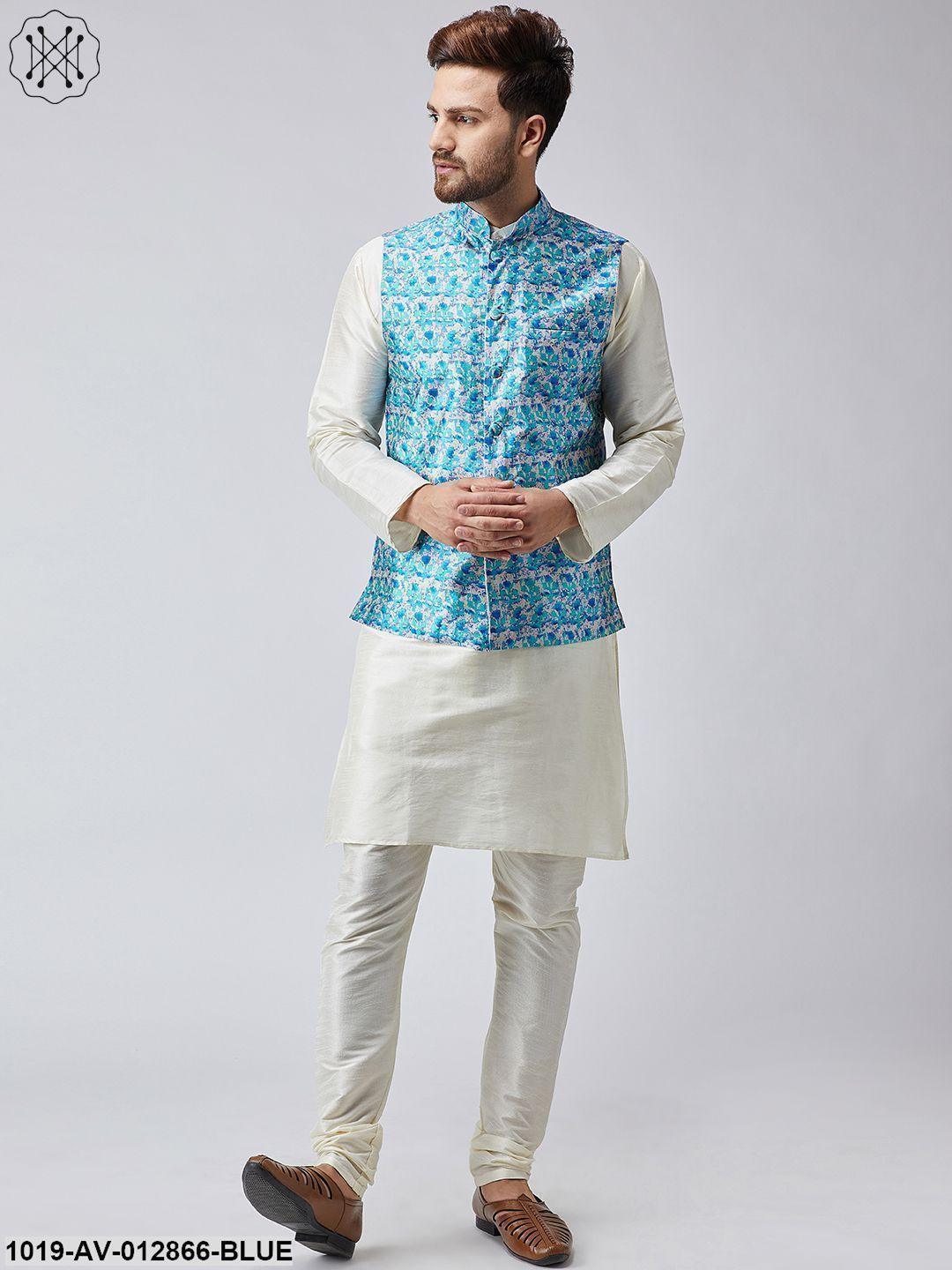 Men's Sky Blue Printed Nehru Jacket - Sojanya - Indiakreations