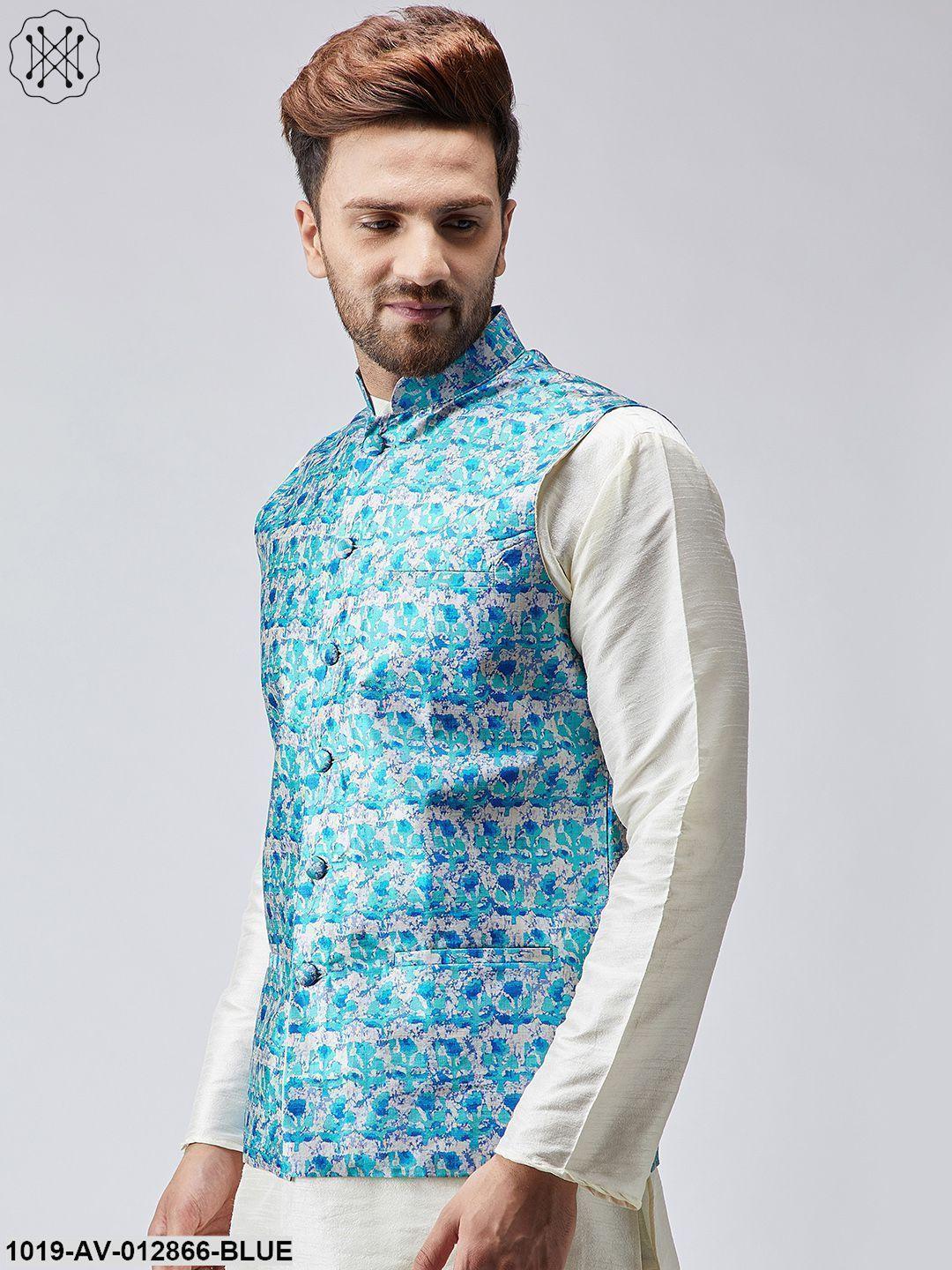 Men's Sky Blue Printed Nehru Jacket - Sojanya - Indiakreations