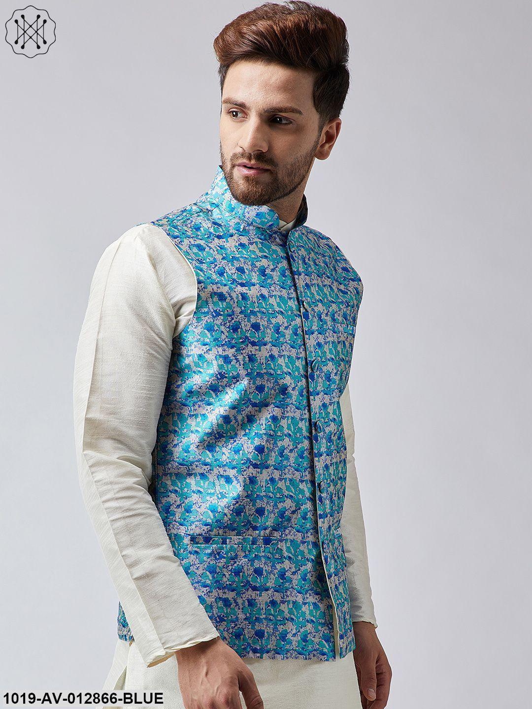 Men's Sky Blue Printed Nehru Jacket - Sojanya - Indiakreations