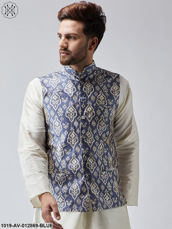 Men's Blue Printed Nehru Jacket - Sojanya