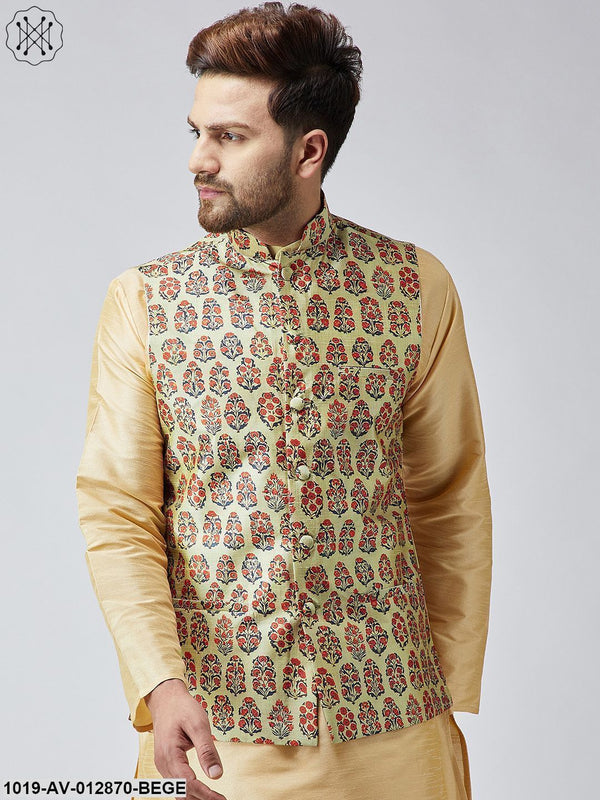 Men's Beige Printed Nehru Jacket - Sojanya