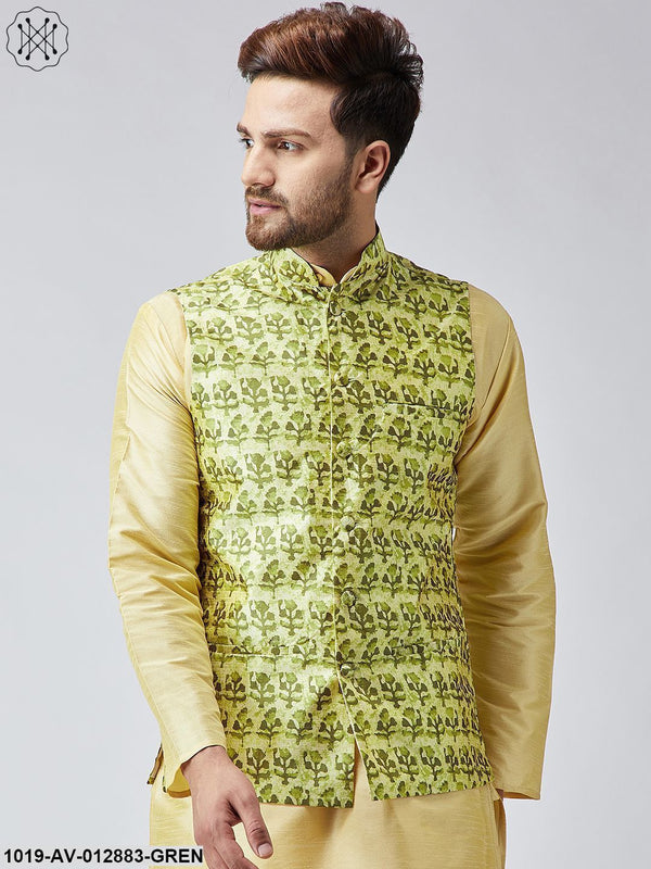 Men's Lime Green Printed Nehru Jacket - Sojanya