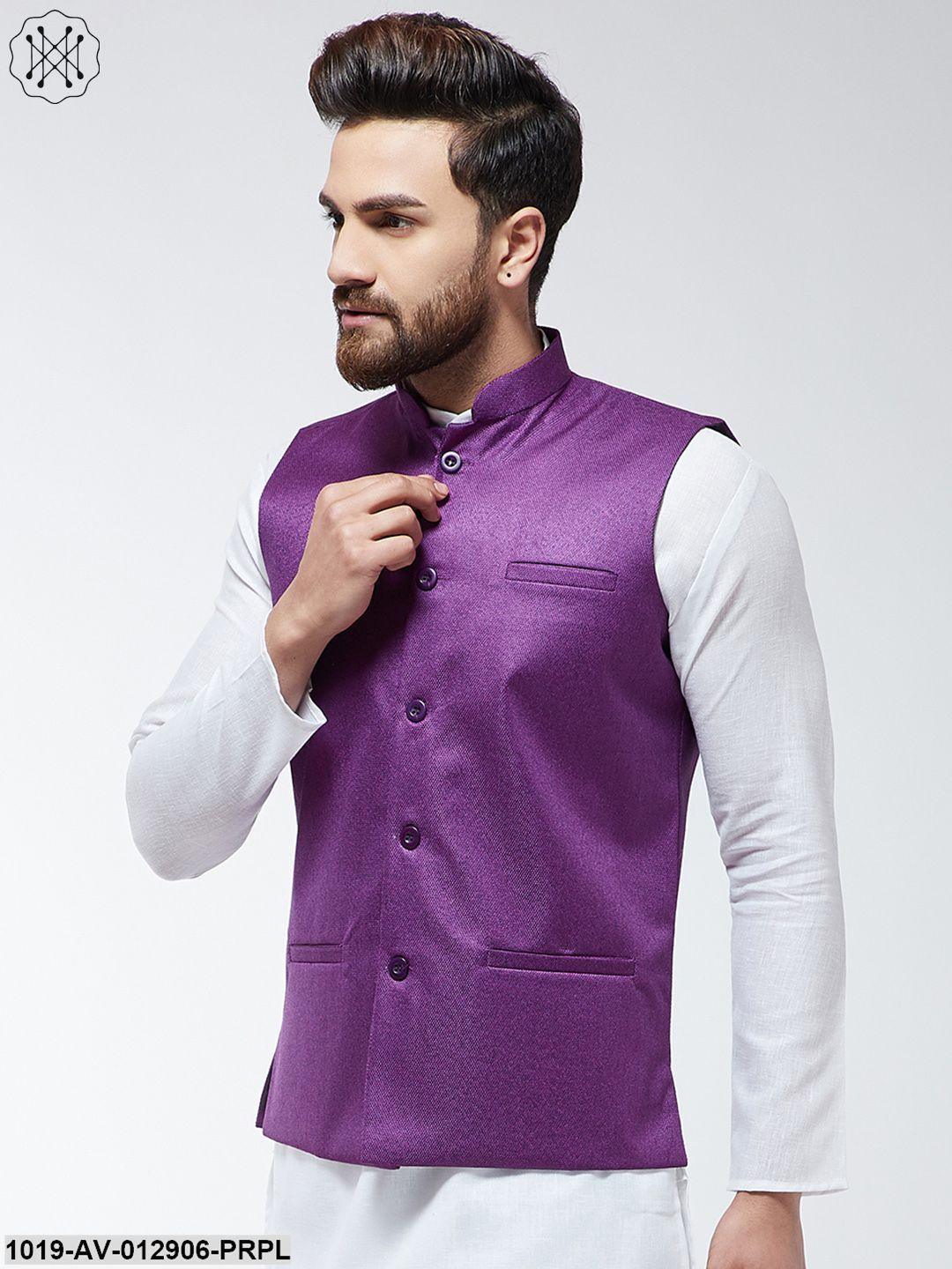 Men's Jute Cotton Purple Only Nehrujacket - Sojanya - Indiakreations