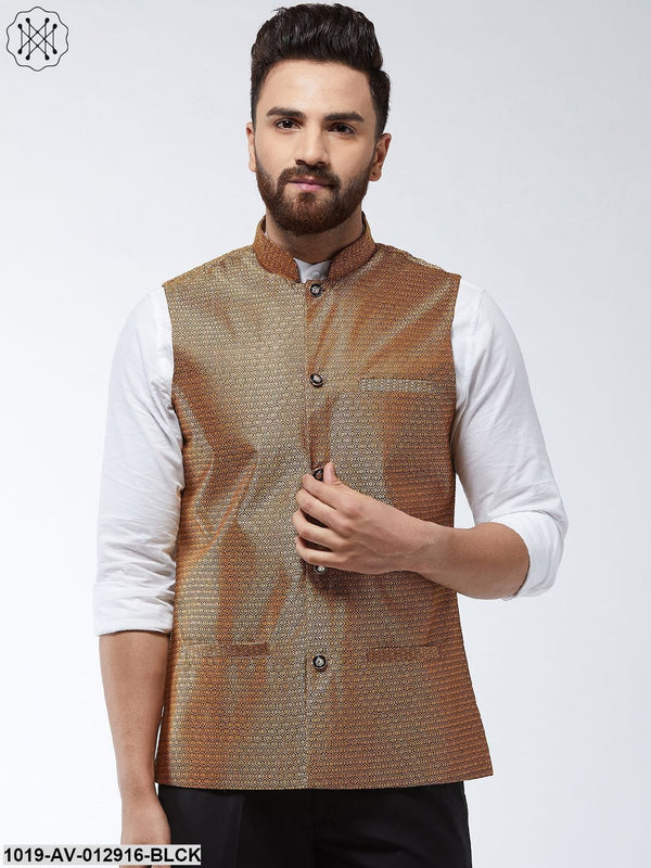 Men's Jacquard Silk Copper Self Design Nehru Jacket - Sojanya