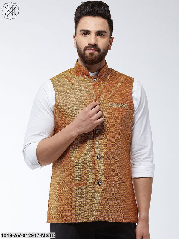 Men's Jacquard Silk Mustard Self Design Nehru Jacket - Sojanya