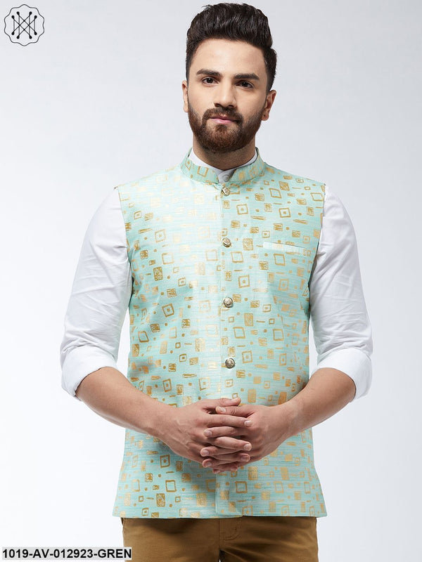 Men's Jacquard Silk Sea Green Designer Nehru Jacket - Sojanya