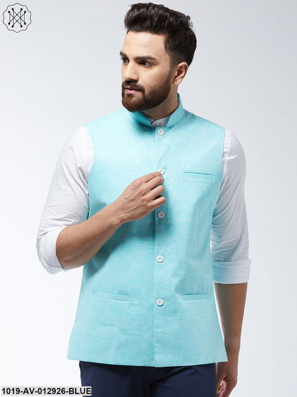 Men's Cotton Linen Blend Sky Blue Nehru Jacket - Sojanya