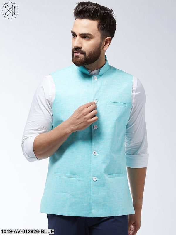 Men's Cotton Linen Blend Sky Blue Nehru Jacket - Sojanya - Indiakreations