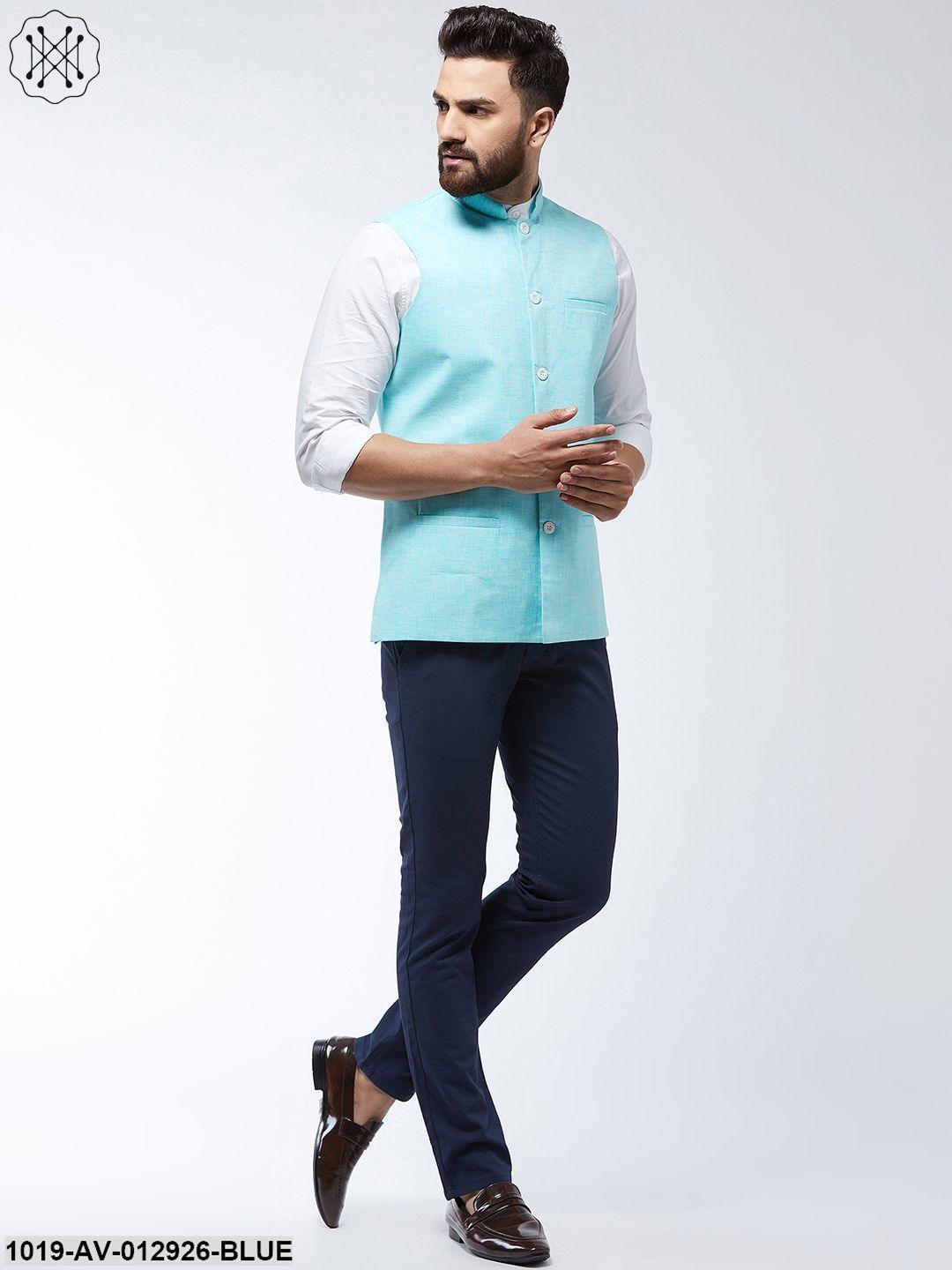 Men's Cotton Linen Blend Sky Blue Nehru Jacket - Sojanya - Indiakreations