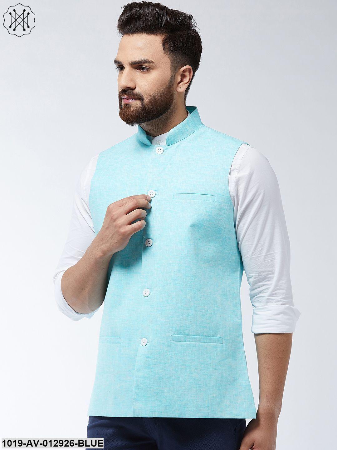 Men's Cotton Linen Blend Sky Blue Nehru Jacket - Sojanya - Indiakreations