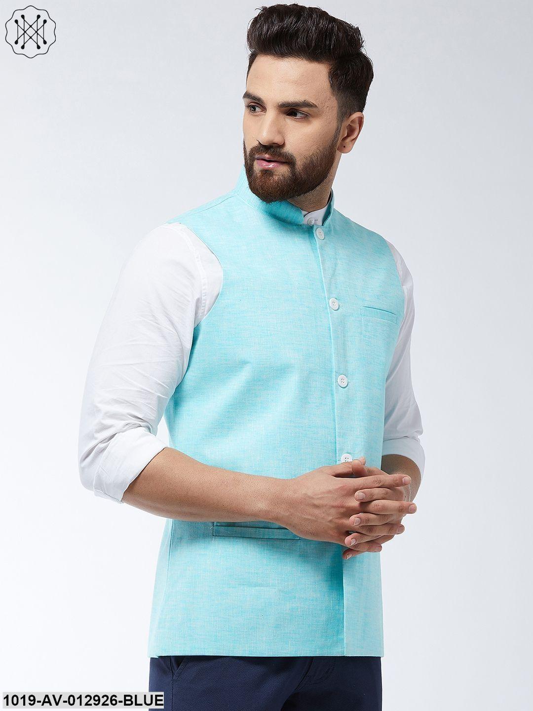 Men's Cotton Linen Blend Sky Blue Nehru Jacket - Sojanya - Indiakreations