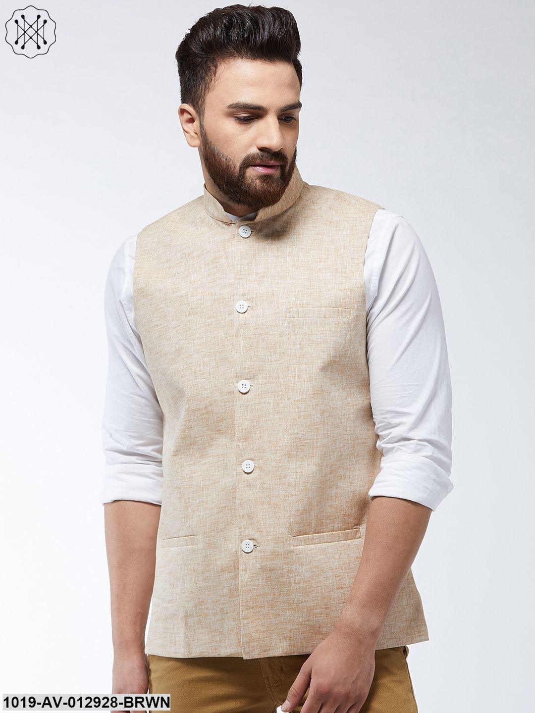 Men's Cotton Linen Blend Light Brown Nehru Jacket - Sojanya - Indiakreations