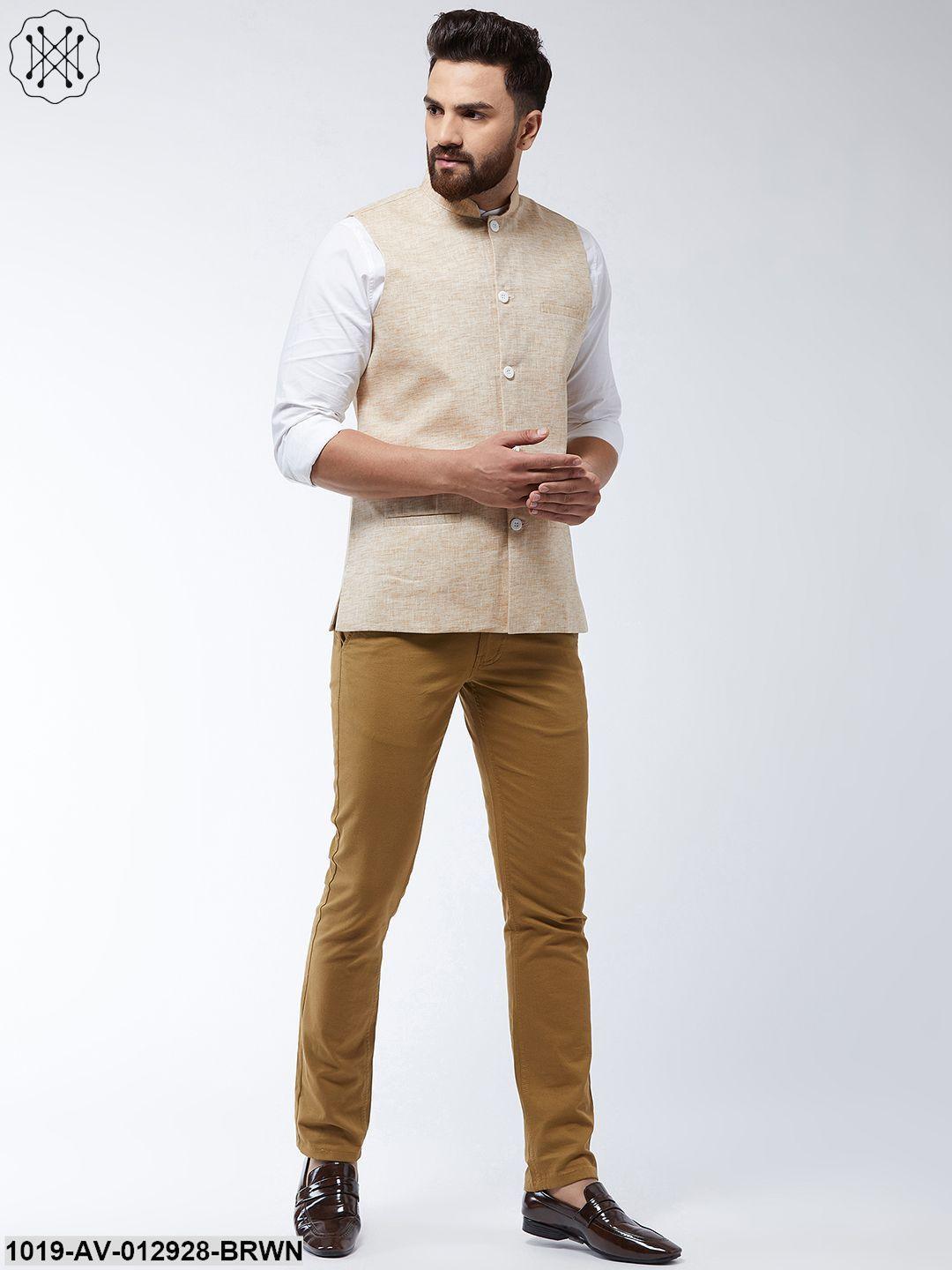 Men's Cotton Linen Blend Light Brown Nehru Jacket - Sojanya - Indiakreations