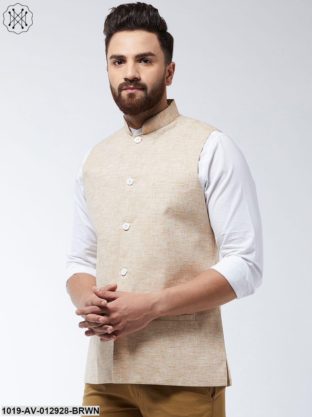 Men's Cotton Linen Blend Light Brown Nehru Jacket - Sojanya - Indiakreations