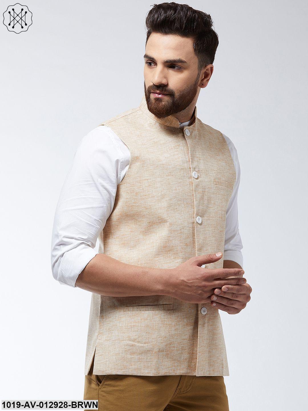 Men's Cotton Linen Blend Light Brown Nehru Jacket - Sojanya - Indiakreations