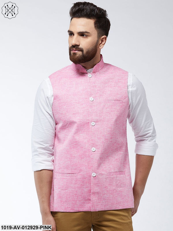 Men's Cotton Linen Blend Pink Nehru Jacket - Sojanya