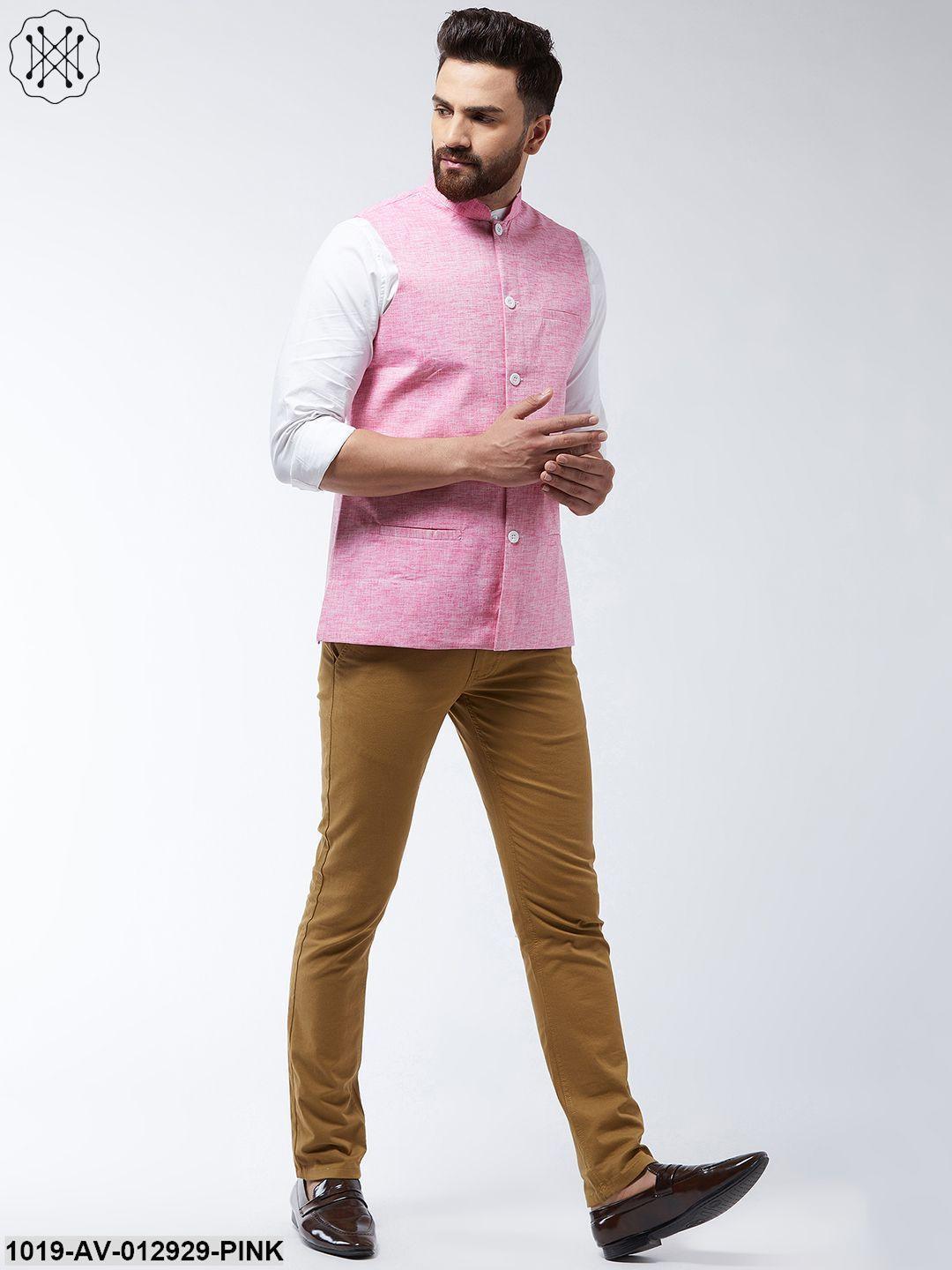 Men's Cotton Linen Blend Pink Nehru Jacket - Sojanya - Indiakreations