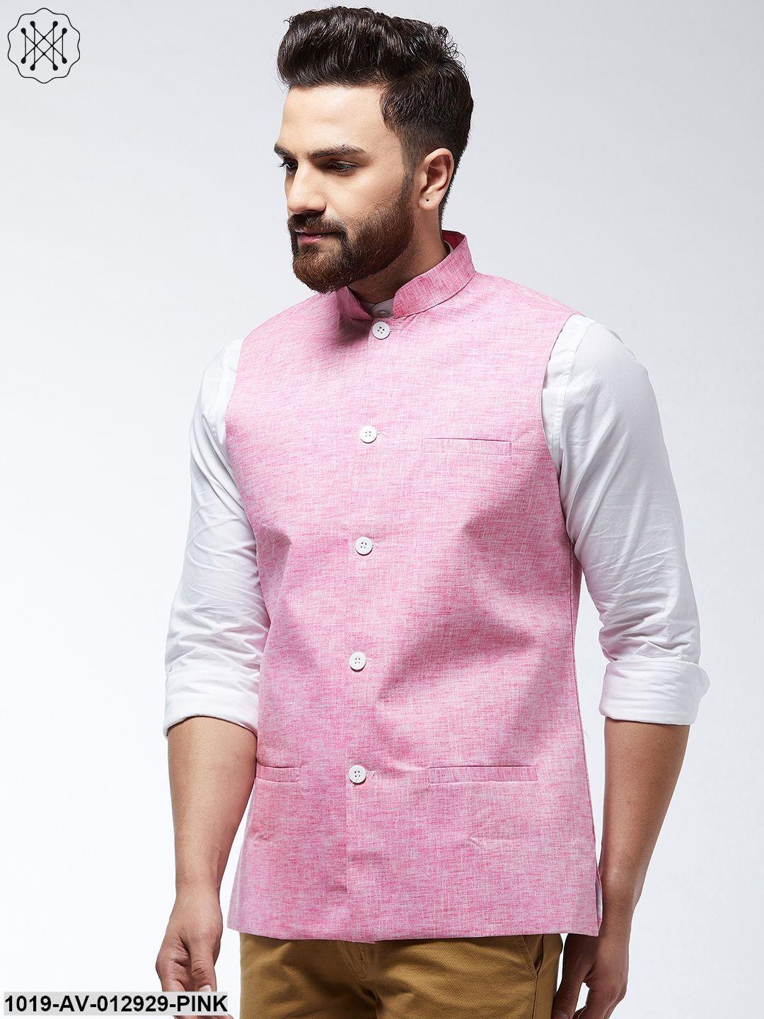 Men's Cotton Linen Blend Pink Nehru Jacket - Sojanya - Indiakreations