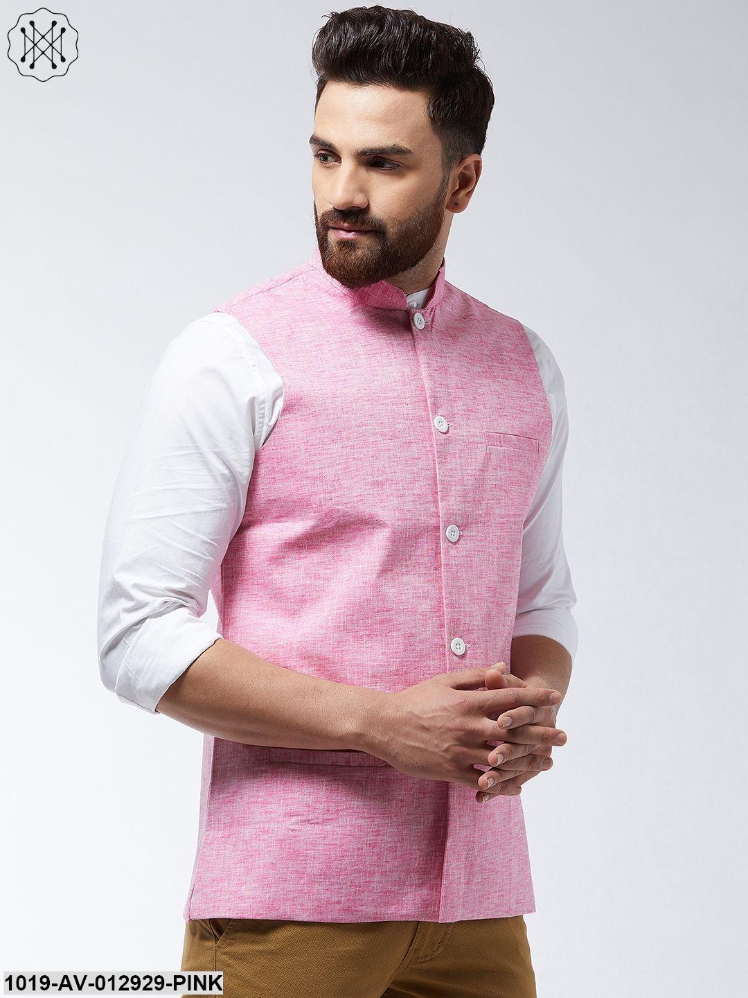 Men's Cotton Linen Blend Pink Nehru Jacket - Sojanya - Indiakreations